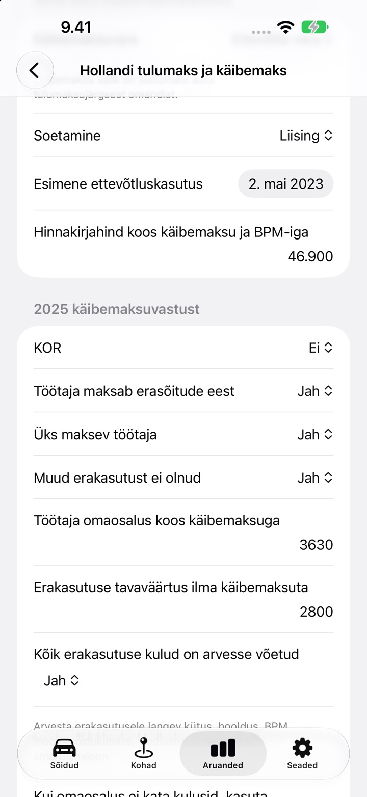 Hollandi tulumaksu ja käibemaksu ekraan, kus on täidetud vastused jaotises Töötaja maksab erasõitude eest
