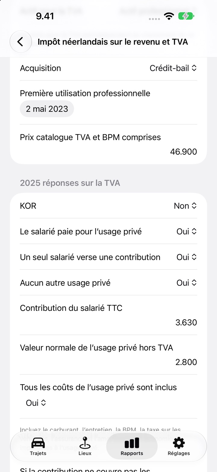 L'écran néerlandais impôt sur le revenu et TVA avec les réponses « Le salarié paie pour l'usage privé » renseignées