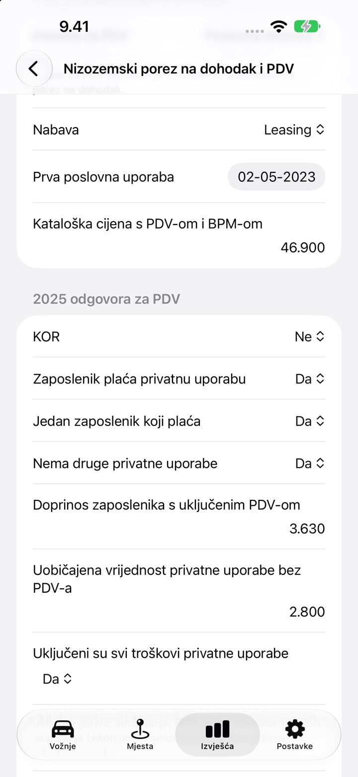 Zaslon Nizozemski porez na dohodak i PDV s ispunjenim odgovorima za Zaposlenik plaća privatnu uporabu