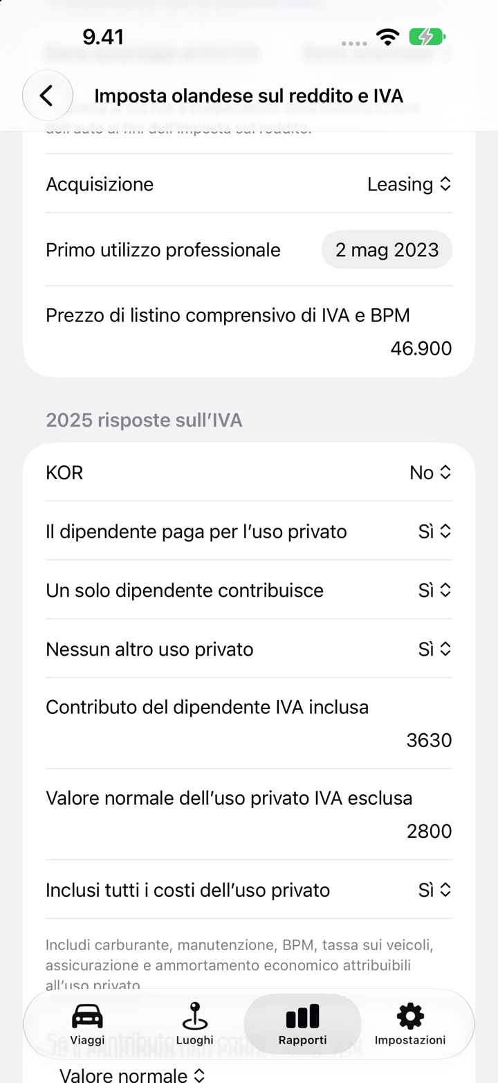 La schermata olandese Imposta olandese sul reddito e IVA con le risposte compilate per Il dipendente paga per l’uso privato