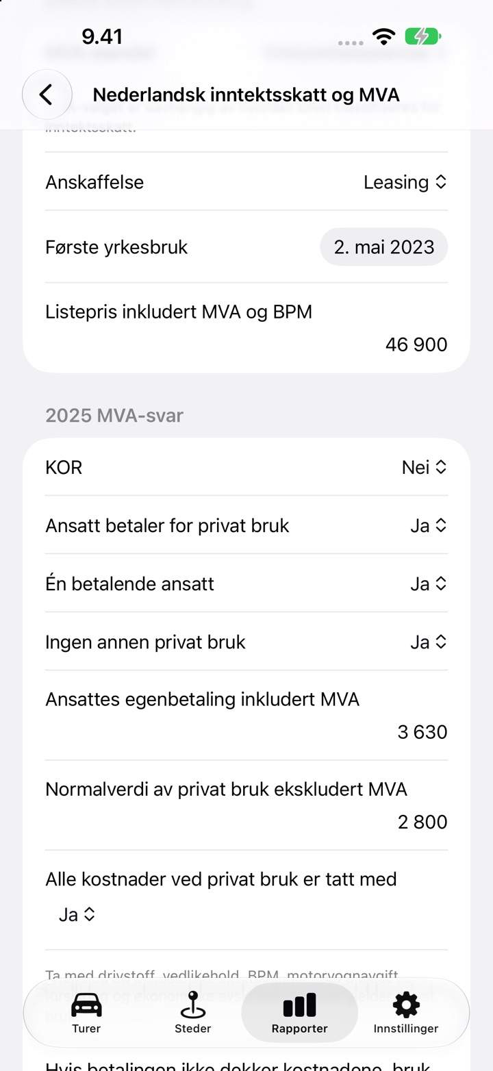 Skjermbildet Nederlandsk inntektsskatt og MVA med svarene for Ansatt betaler for privat bruk utfylt