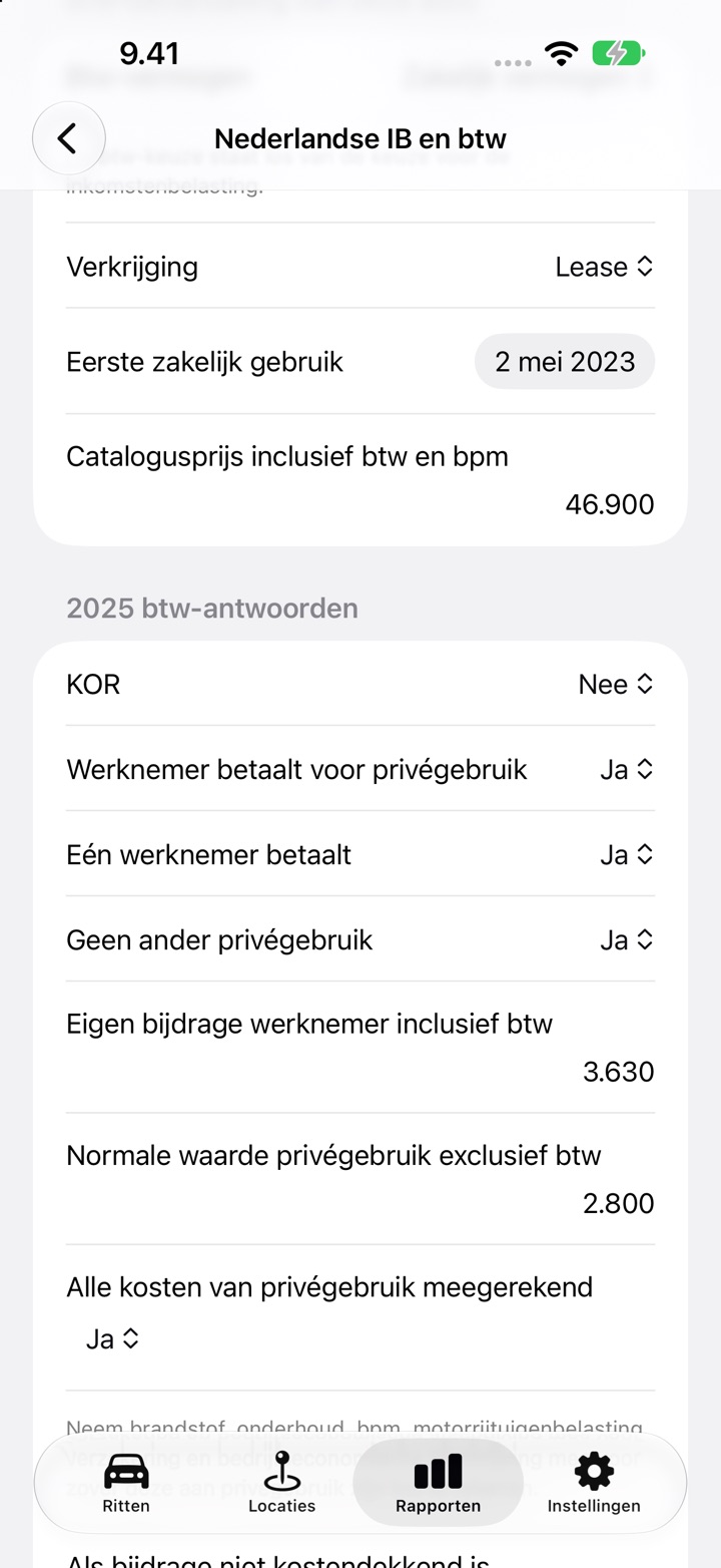 Het scherm Nederlandse IB en btw met de antwoorden bij Werknemer betaalt voor privégebruik ingevuld