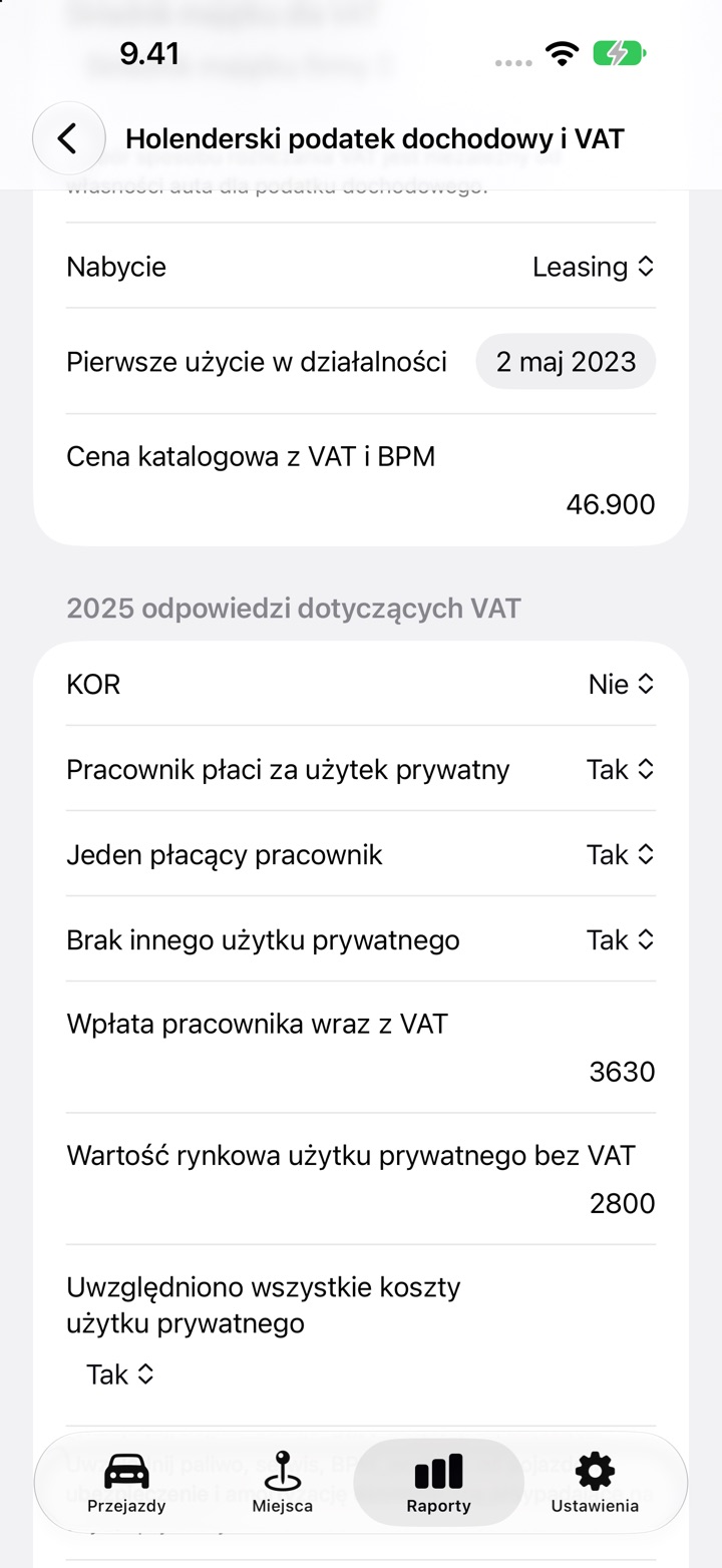 Holenderski ekran podatku dochodowego i VAT z wypełnionymi odpowiedziami w sekcji Pracownik płaci za użytek prywatny
