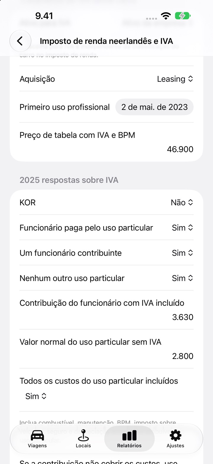 A tela Imposto de renda neerlandês e IVA com as respostas de Funcionário paga pelo uso particular preenchidas