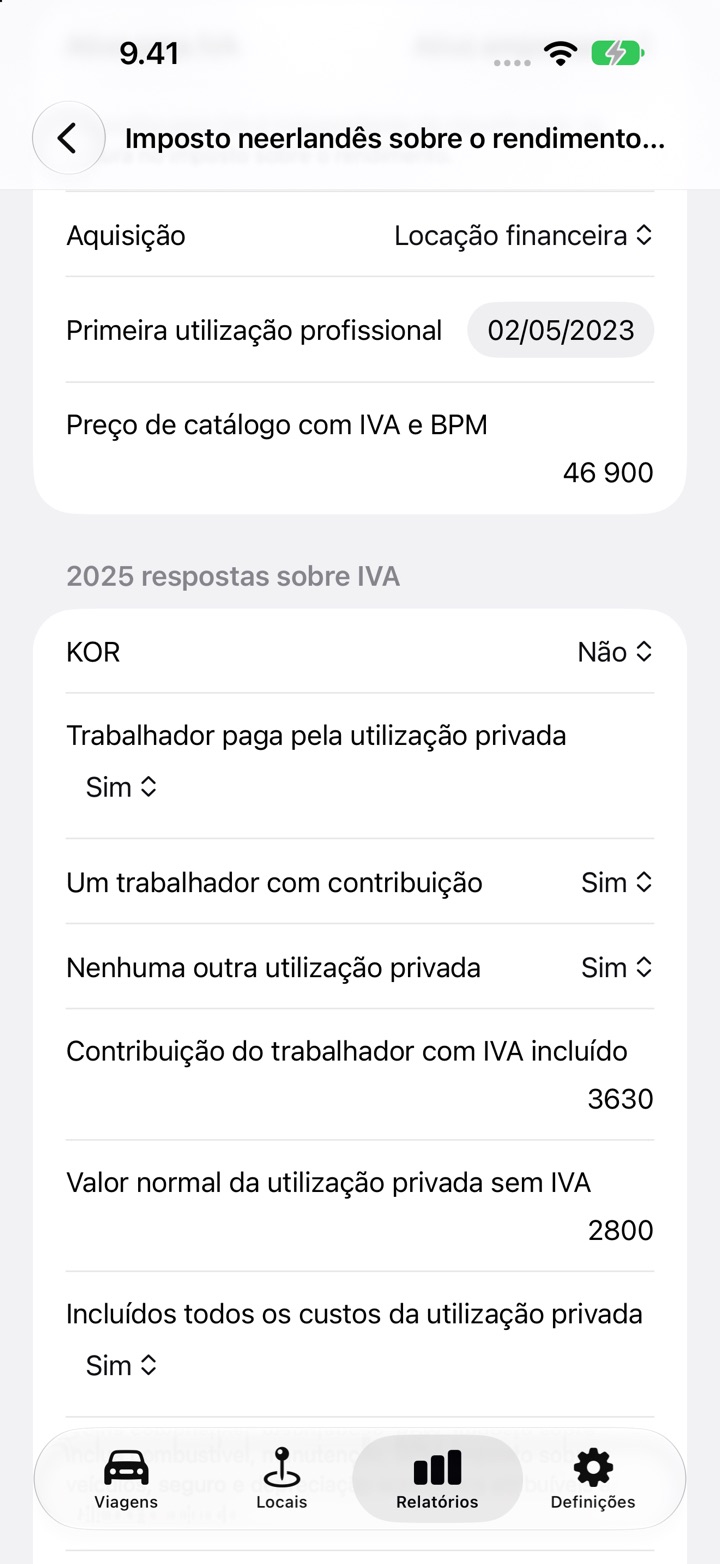 O ecrã Imposto neerlandês sobre o rendimento e IVA com as respostas de Trabalhador paga pela utilização privada preenchidas