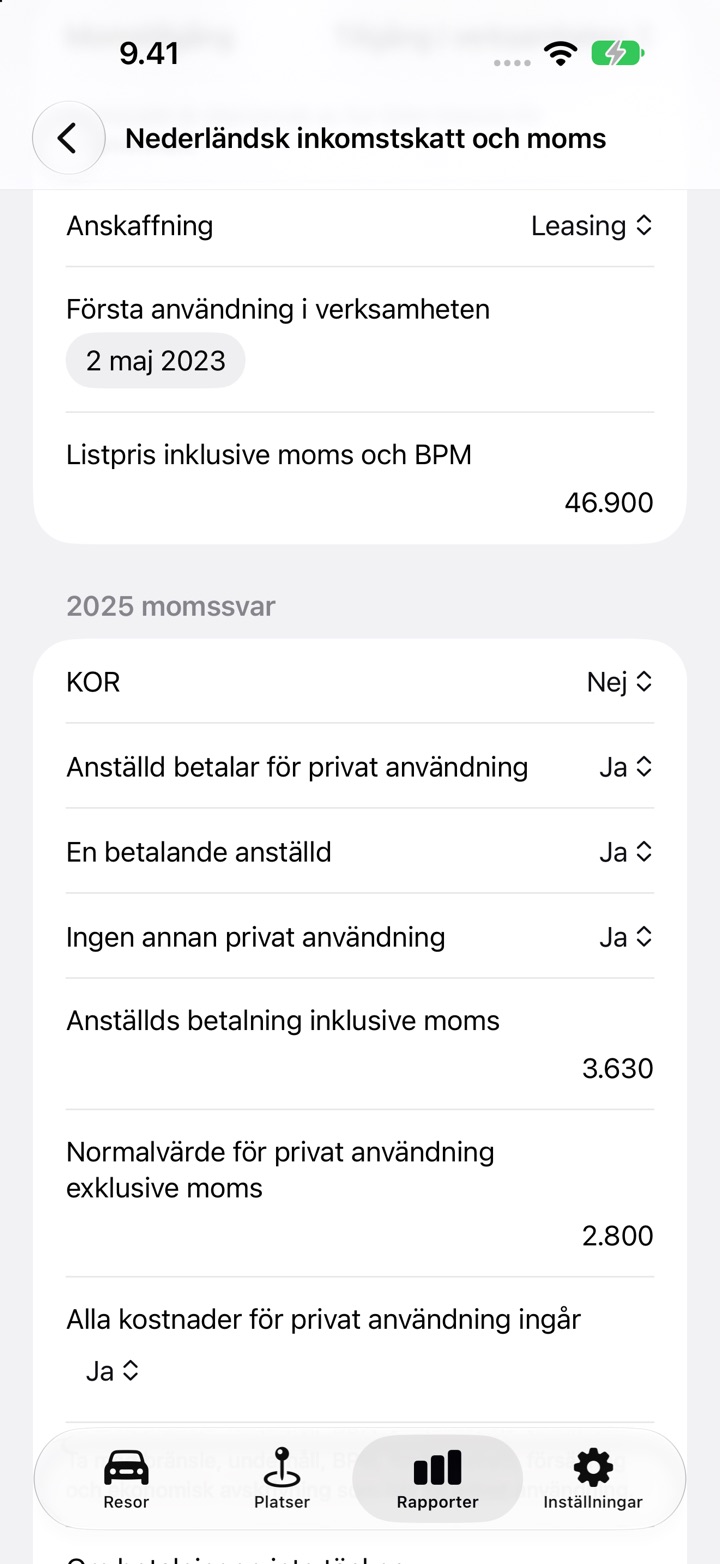 Skärmen Nederländsk inkomstskatt och moms med svaren under Anställd betalar för privat användning ifyllda
