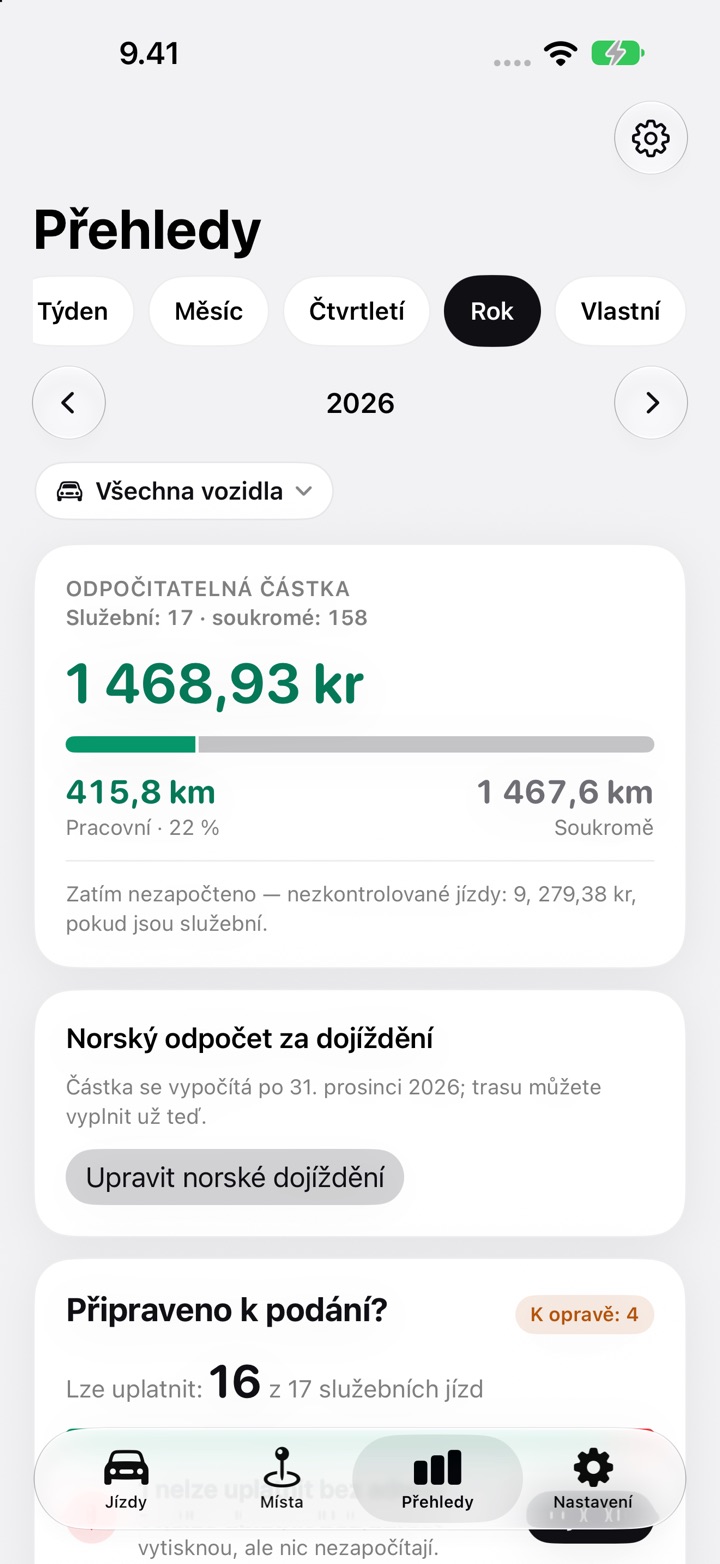 Karta norského odpočtu za dojíždění na záložce Přehledy v DriveHub za rok 2026 s textem, že částka se vypočítá po 31. prosinci, a s tlačítkem Upravit norské dojíždění