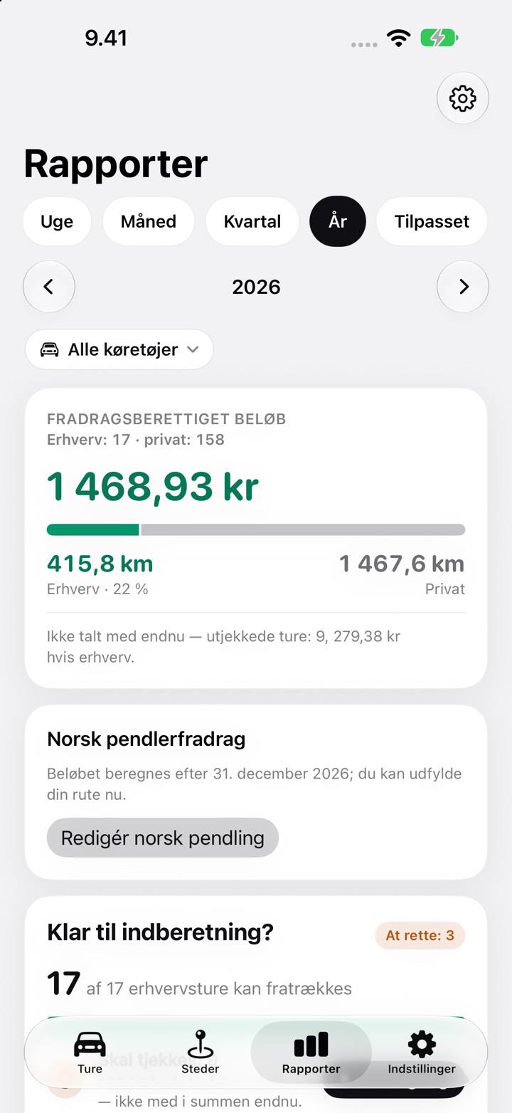 Kortet Norsk pendlerfradrag på fanen Rapporter i DriveHub for 2026, med besked om, at beløbet beregnes efter den 31. december, og knappen Redigér norsk pendling