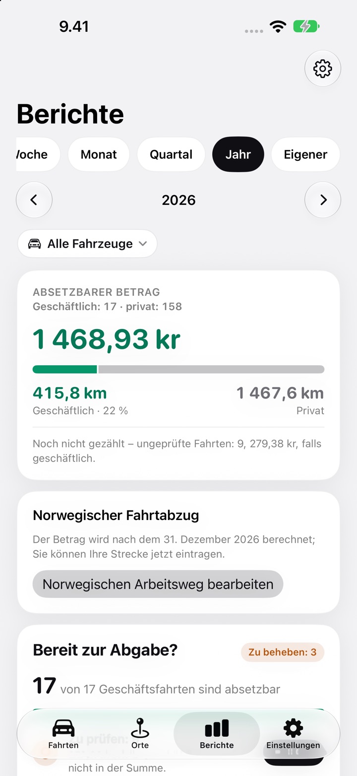 Karte Norwegischer Fahrtabzug im Tab Berichte von DriveHub für 2026 mit dem Hinweis, dass der Betrag nach dem 31. Dezember berechnet wird, und der Schaltfläche Norwegischen Arbeitsweg bearbeiten