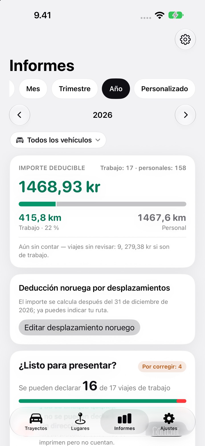 Tarjeta de deducción noruega por desplazamientos en la pestaña Informes de DriveHub para 2026, que indica que el importe se calcula después del 31 de diciembre, con el botón Editar desplazamiento noruego