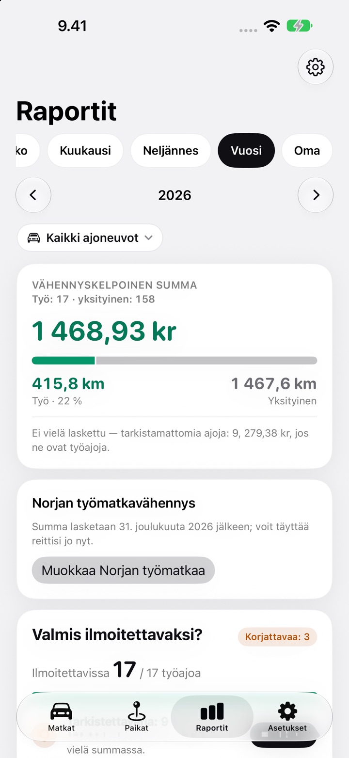 Norjan työmatkavähennys -kortti DriveHubin Raportit-välilehdellä vuodelle 2026, jossa lukee, että summa lasketaan 31. joulukuuta jälkeen, sekä Muokkaa Norjan työmatkaa -painike