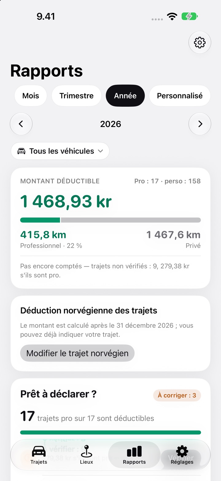 Fiche de déduction norvégienne des trajets dans l'onglet Rapports de DriveHub pour 2026, indiquant que le montant est calculé après le 31 décembre, avec le bouton « Modifier le trajet norvégien »