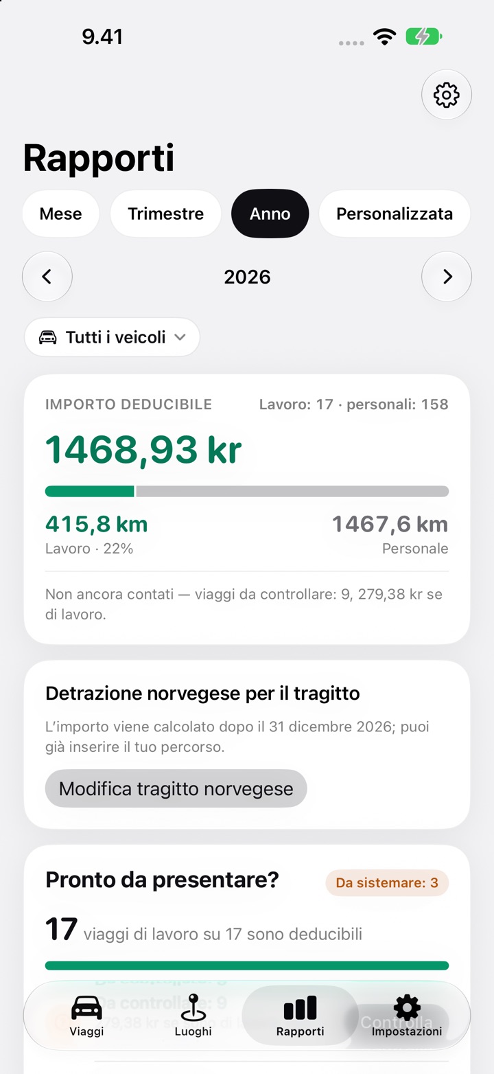 La scheda Detrazione norvegese per il tragitto nella scheda Rapporti di DriveHub per il 2026, che dice che l’importo viene calcolato dopo il 31 dicembre, con il pulsante Modifica tragitto norvegese