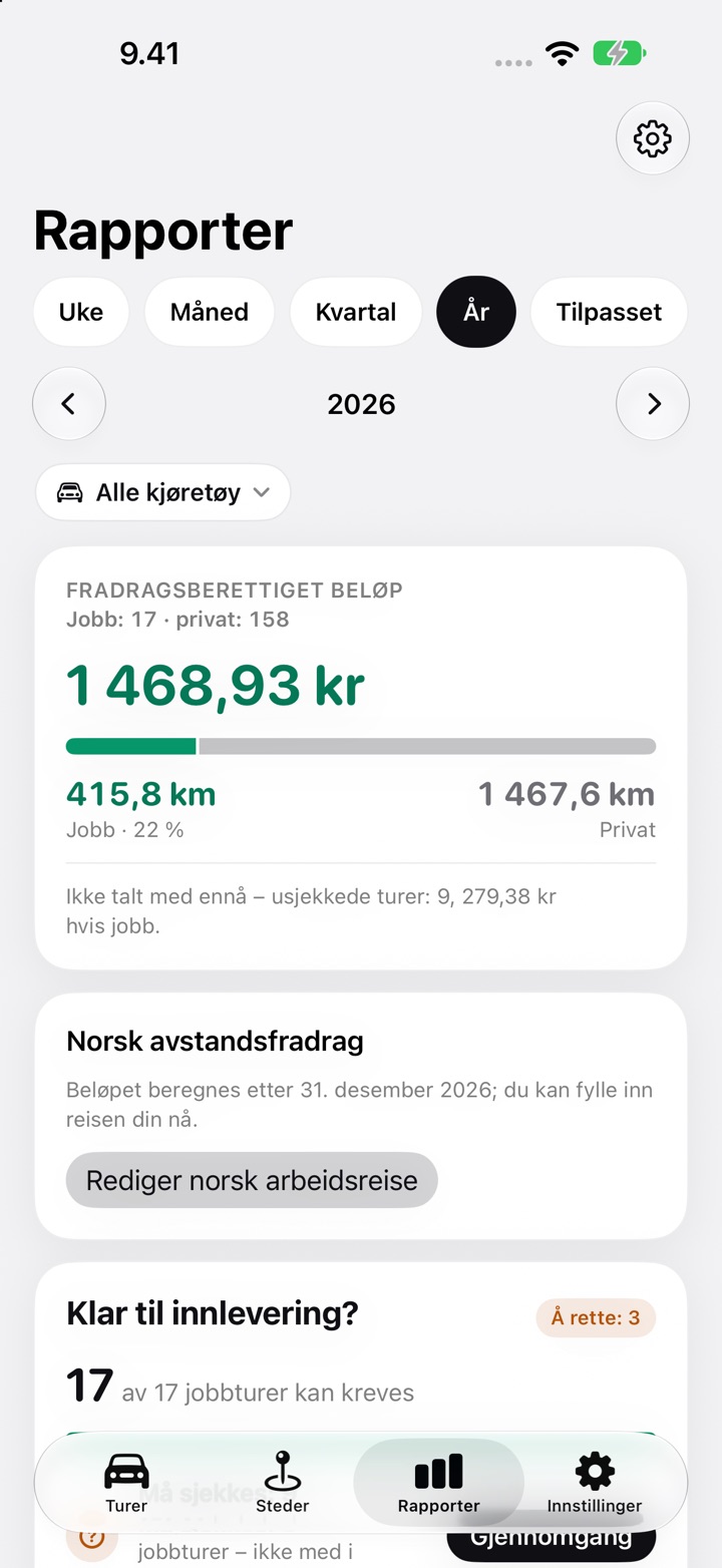 Kortet Norsk avstandsfradrag i fanen Rapporter i DriveHub for 2026, som sier at beløpet beregnes etter 31. desember, med knappen Rediger norsk arbeidsreise
