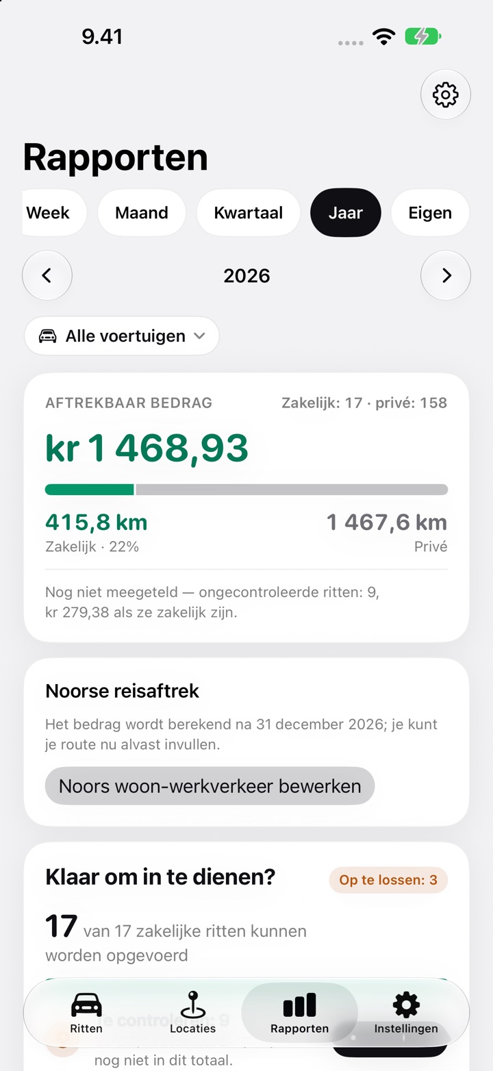 De kaart Noorse reisaftrek op het tabblad Rapporten van DriveHub voor 2026, met de melding dat het bedrag na 31 december wordt berekend, en de knop Noors woon-werkverkeer bewerken
