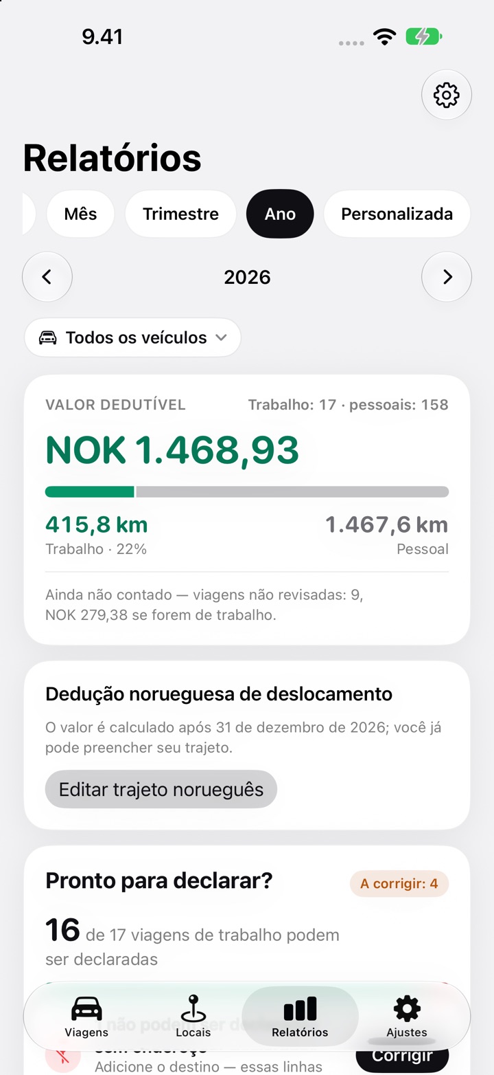Cartão de dedução norueguesa de deslocamento na aba Relatórios do DriveHub para 2026, dizendo que o valor é calculado depois de 31 de dezembro, com o botão Editar trajeto norueguês