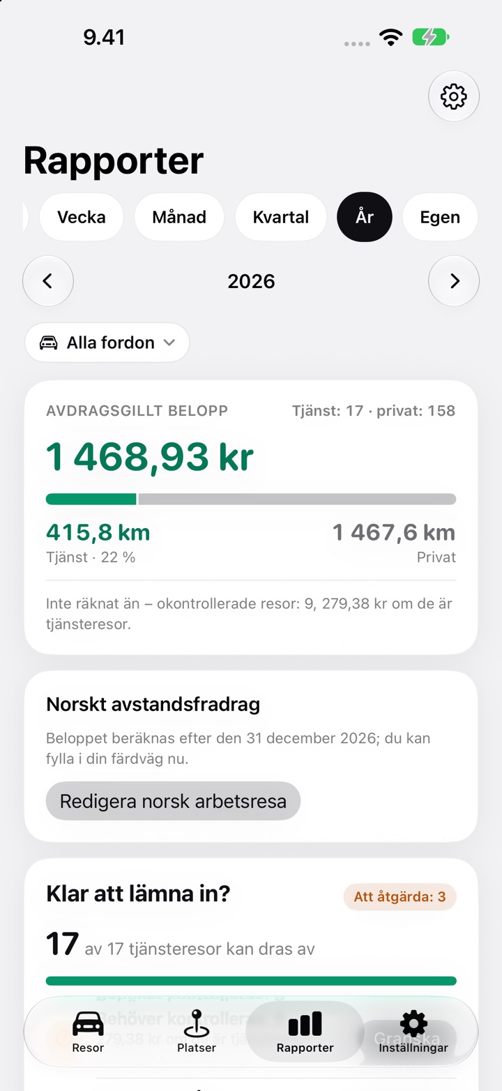 Kortet Norskt avstandsfradrag på fliken Rapporter i DriveHub för 2026, med texten att beloppet beräknas efter den 31 december och knappen Redigera norsk arbetsresa