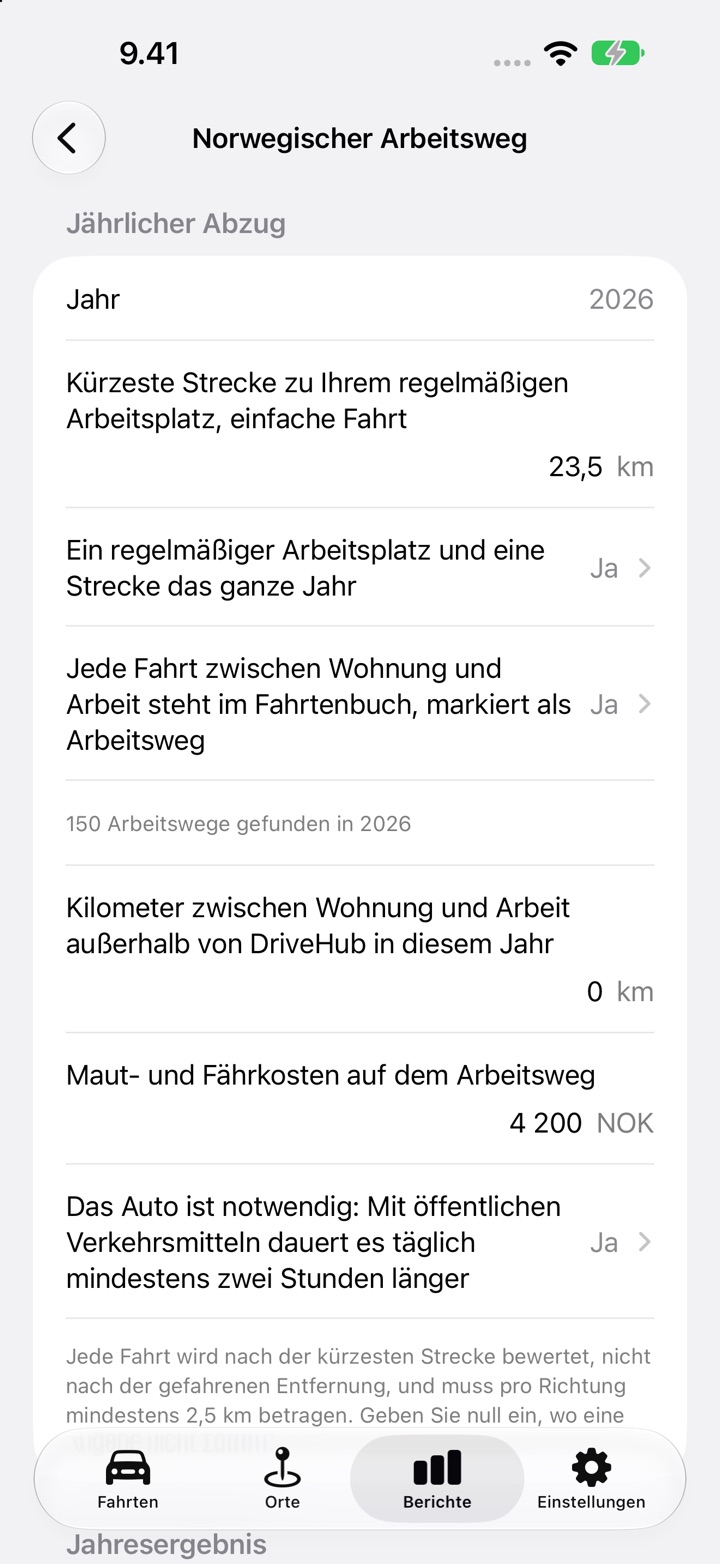 Bildschirm Norwegischer Fahrtabzug in DriveHub mit einer einfachen Strecke von 23,5 km, beiden Bestätigungen mit Ja beantwortet, 0 km außerhalb von DriveHub, 4 200 NOK Maut- und Fährkosten und der Zwei-Stunden-Frage darunter