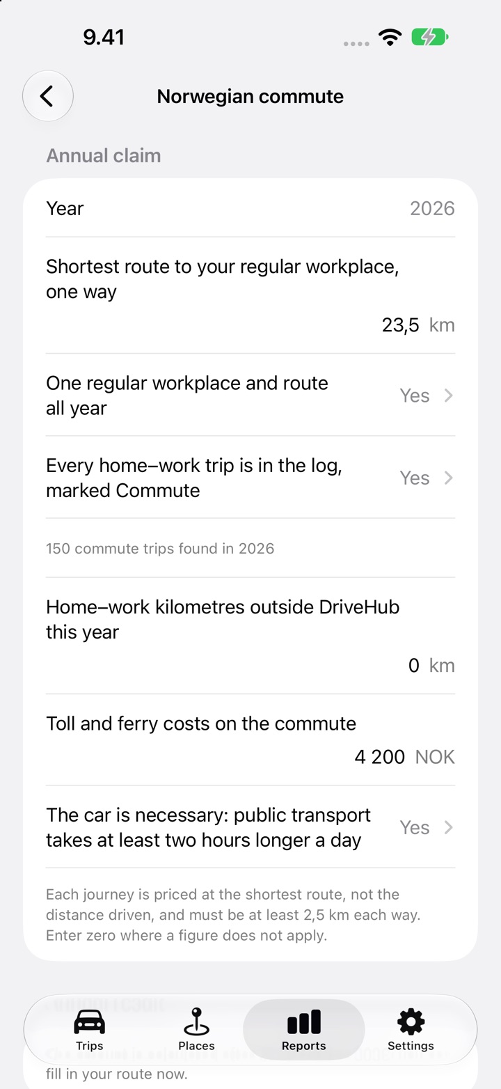 DriveHub Norwegian commute screen with a 23,5 km one-way route, both confirmations answered Yes, 0 km outside DriveHub, 4 200 NOK of toll and ferry costs and the two-hour question below them