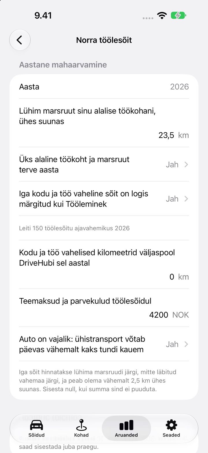 DriveHubi Norra töölesõidu ekraan 23,5 km ühesuunalise marsruudiga, mõlemad kinnitused vastatud Jah, 0 km väljaspool DriveHubi, 4 200 NOK teemaksu- ja parvekulusid ning kahe tunni küsimus nende all