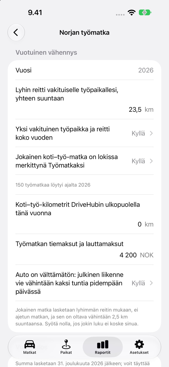 DriveHubin Norjan työmatka -näyttö, jossa yhdensuuntainen reitti on 23,5 km, molemmat vahvistukset on vastattu Kyllä, DriveHubin ulkopuolisia kilometrejä on 0, tiemaksuja ja lauttamaksuja on 4 200 NOK ja kahden tunnin kysymys on niiden alla
