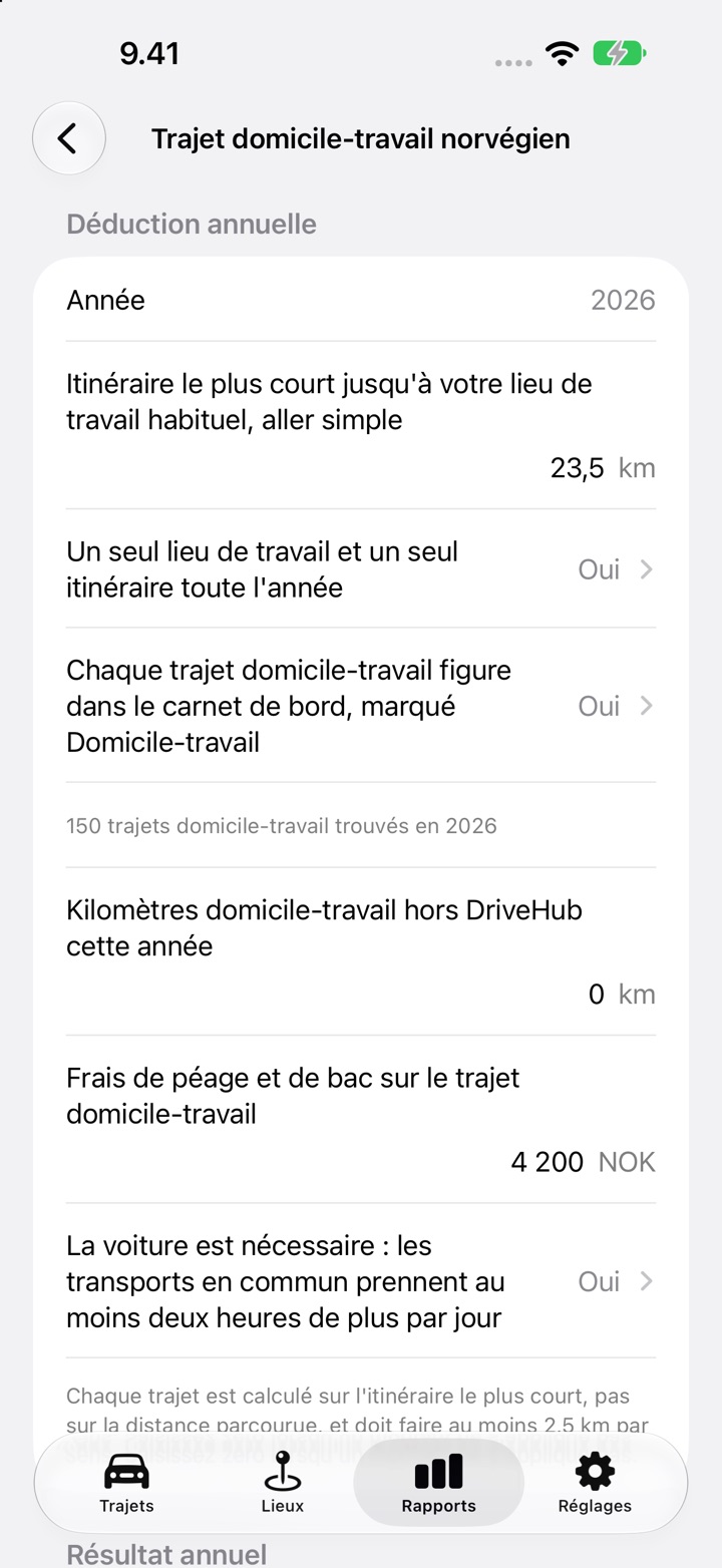 Écran norvégien des trajets domicile-travail de DriveHub avec un itinéraire de 23,5 km aller simple, les deux confirmations à Oui, 0 km hors DriveHub, 4 200 NOK de frais de péage et de bac, et la question des deux heures en dessous