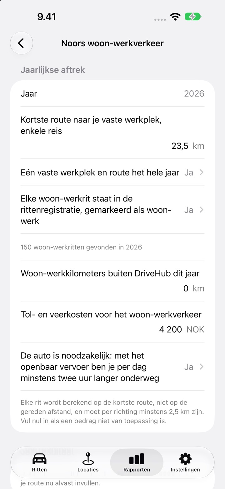 Het Noorse woon-werkscherm van DriveHub met een route van 23,5 km enkele reis, beide bevestigingen met Ja beantwoord, 0 km buiten DriveHub, 4 200 NOK aan tol- en veerkosten en daaronder de vraag over de twee uur