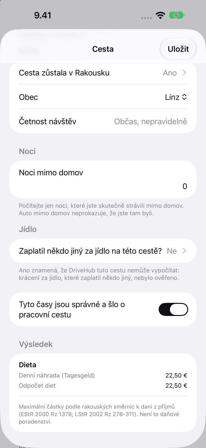 Obrazovka Cesta pro Rakousko: obec Linz, četnost návštěv, noci mimo domov, otázka na jídla a Výsledek s denní náhradou (Tagesgeld) 22,50 €