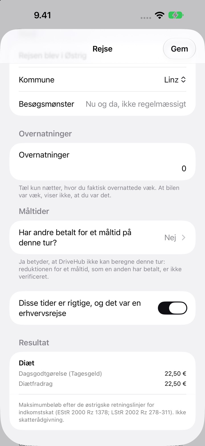 Skærmen Rejse for Østrig: kommunen Linz, besøgsmønster, overnatninger, spørgsmålet om måltider og Resultat med en dagsgodtgørelse (Tagesgeld) på 22,50 €