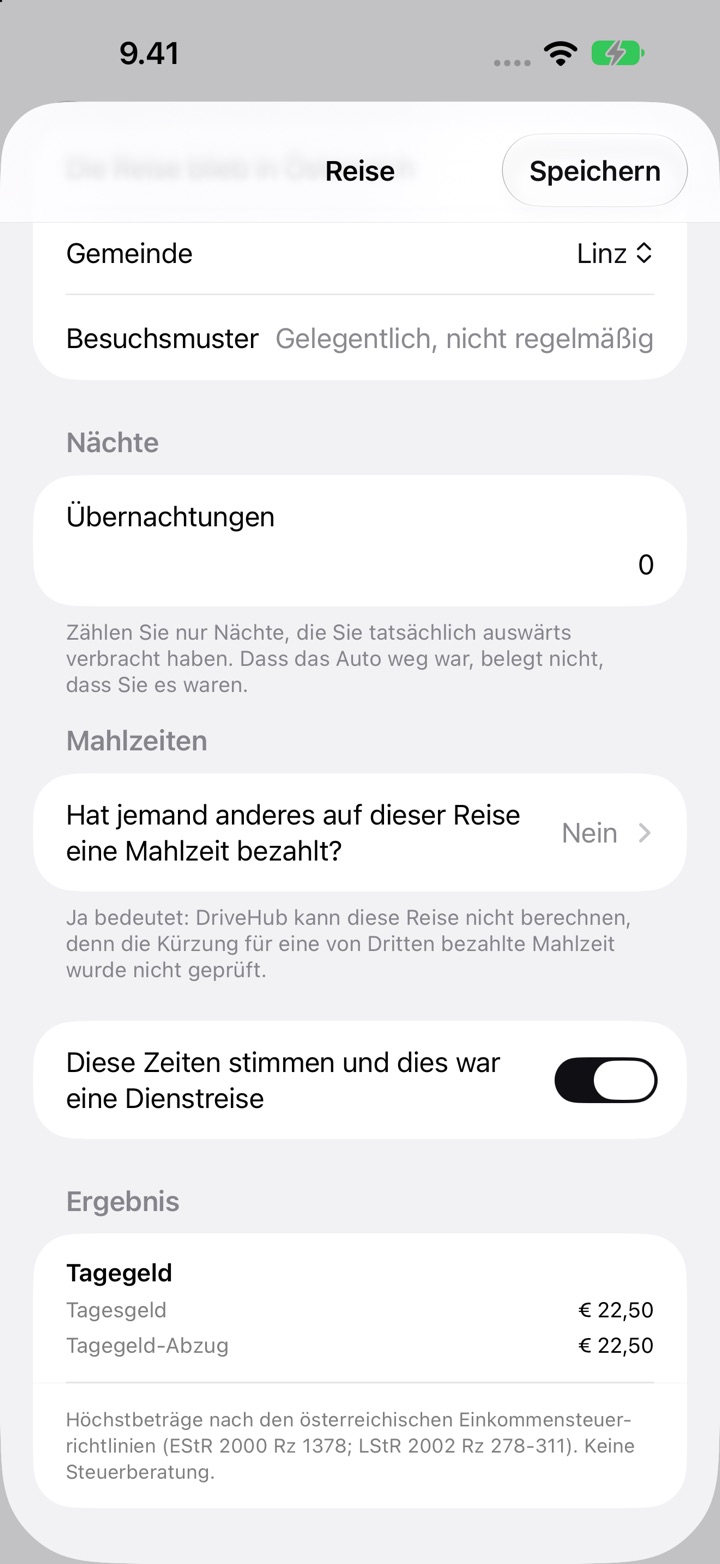 Der Bildschirm Reise für Österreich: Gemeinde Linz, Besuchsmuster, Übernachtungen, die Frage zu Mahlzeiten und das Ergebnis mit einem Tagesgeld von 22,50 €