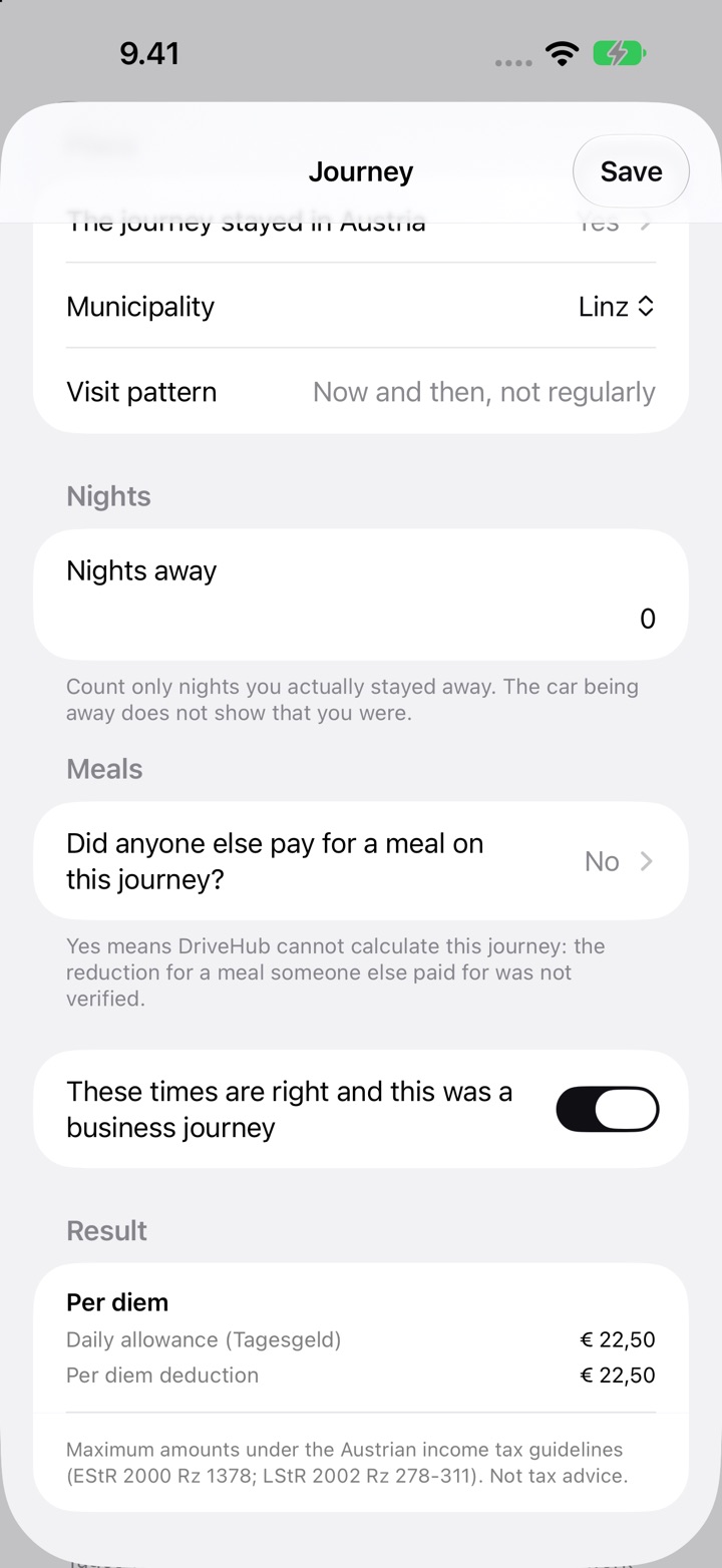 The Journey screen for Austria: municipality Linz, visit pattern, nights away, the meals question and the Result with a daily allowance (Tagesgeld) of €22.50