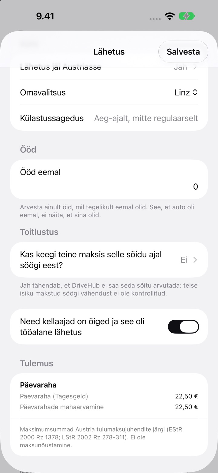 Austria lähetuse ekraan: omavalitsus Linz, külastussagedus, ööd eemal, küsimus toidukordade kohta ja Tulemus päevarahaga (Tagesgeld) 22,50 €