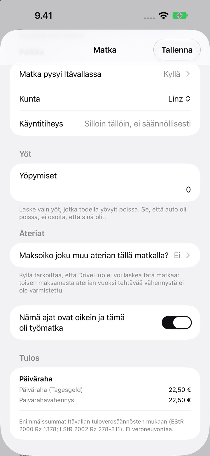 Itävallan Matka-näkymä: kunta Linz, käyntitiheys, yöpymiset, aterioita koskeva kysymys ja Tulos, jossa päiväraha (Tagesgeld) on 22,50 €
