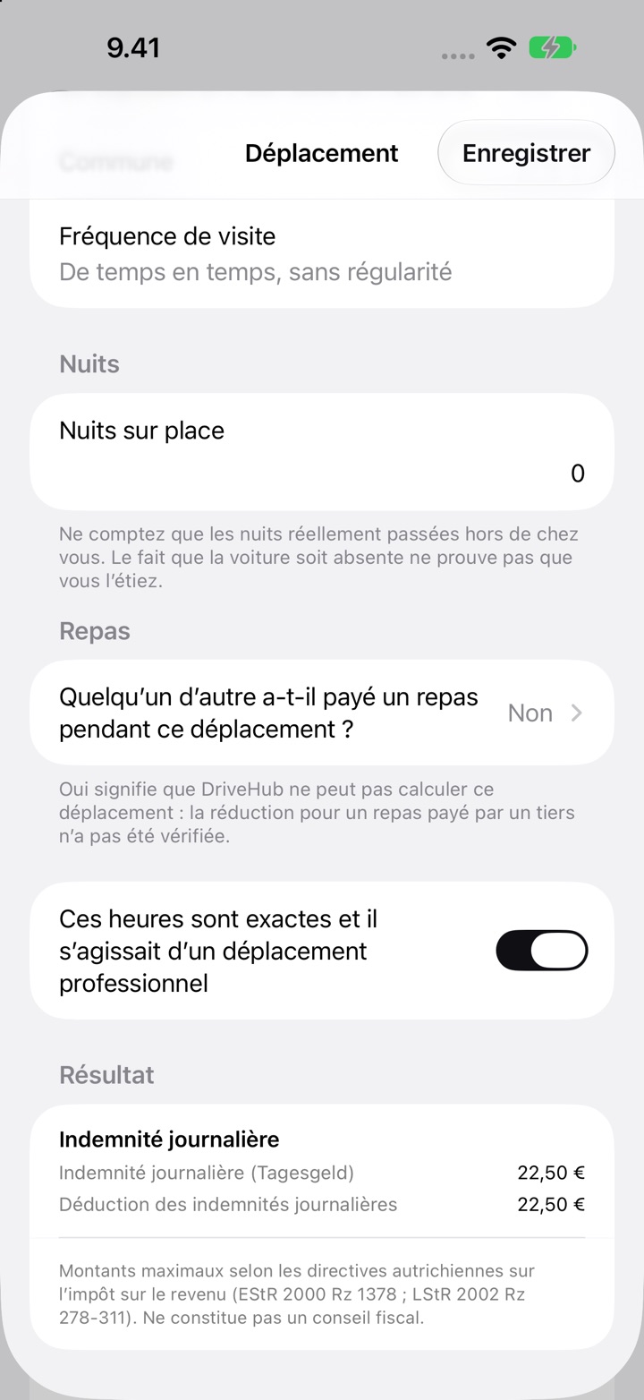 L’écran Déplacement pour l’Autriche : commune Linz, fréquence de visite, nuits sur place, la question des repas et le Résultat avec une indemnité journalière (Tagesgeld) de 22,50 €