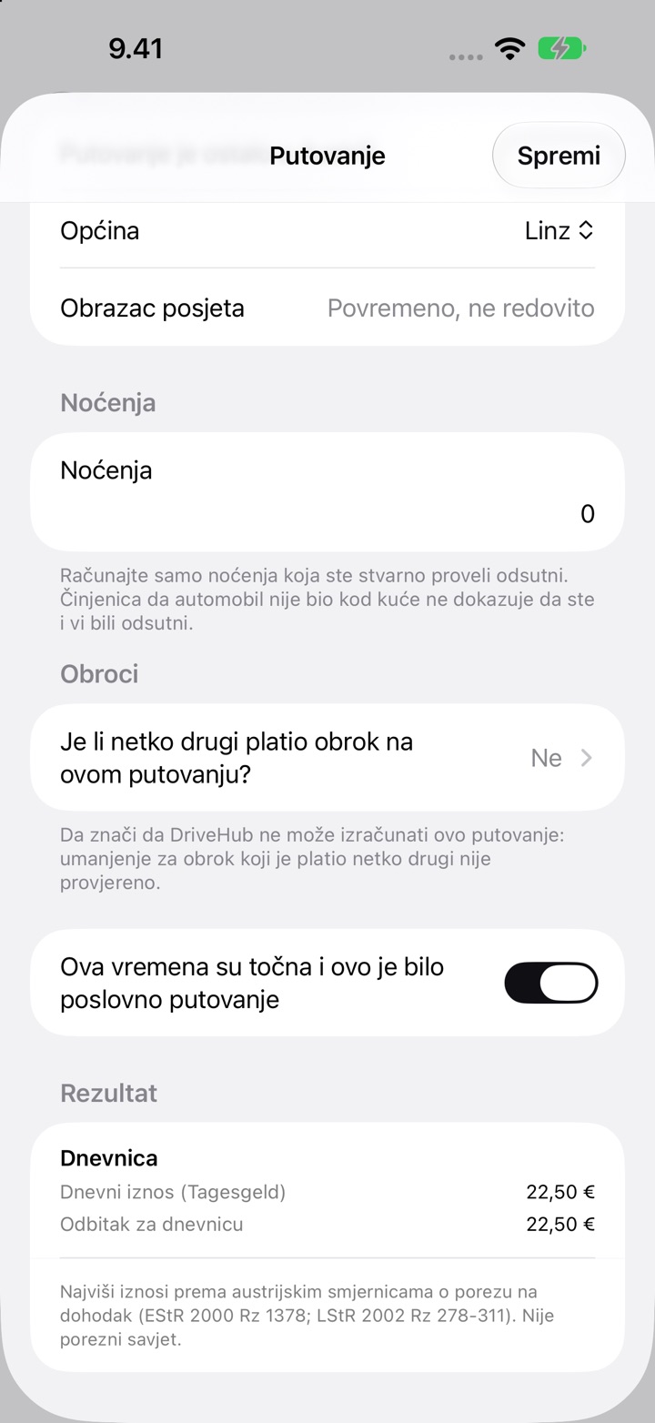 Zaslon Putovanje za Austriju: općina Linz, obrazac posjeta, noćenja, pitanje o obrocima i Rezultat s dnevnim iznosom (Tagesgeld) od 22,50 €