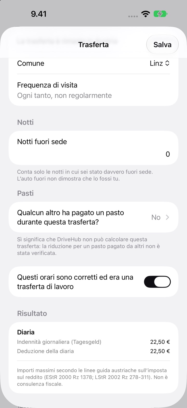 La schermata Trasferta per l’Austria: comune Linz, frequenza di visita, notti fuori sede, la domanda sui pasti e il Risultato con un’indennità giornaliera (Tagesgeld) di 22,50 €