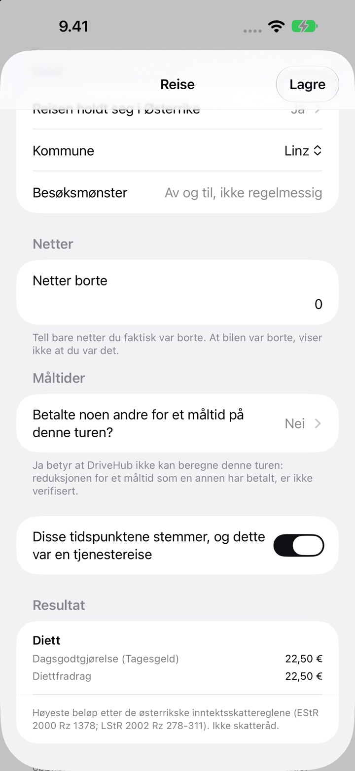 Skjermen Reise for Østerrike: kommunen Linz, besøksmønster, netter borte, spørsmålet om måltider og Resultat med en dagsgodtgjørelse (Tagesgeld) på 22,50 €