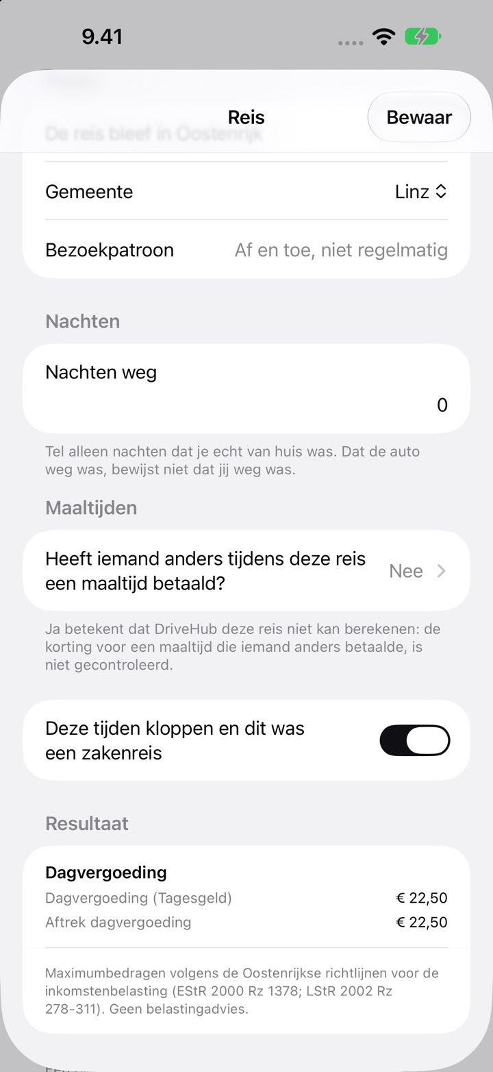 Het scherm Reis voor Oostenrijk: gemeente Linz, bezoekpatroon, nachten weg, de vraag over maaltijden en het Resultaat met een dagvergoeding (Tagesgeld) van € 22,50