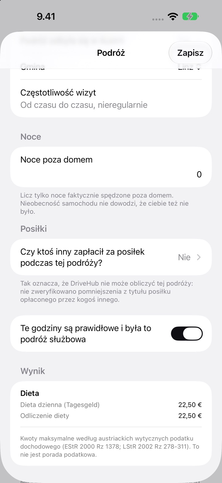 Ekran Podróż dla Austrii: gmina Linz, częstotliwość wizyt, noce poza domem, pytanie o posiłki i Wynik z dietą dzienną (Tagesgeld) 22,50 €