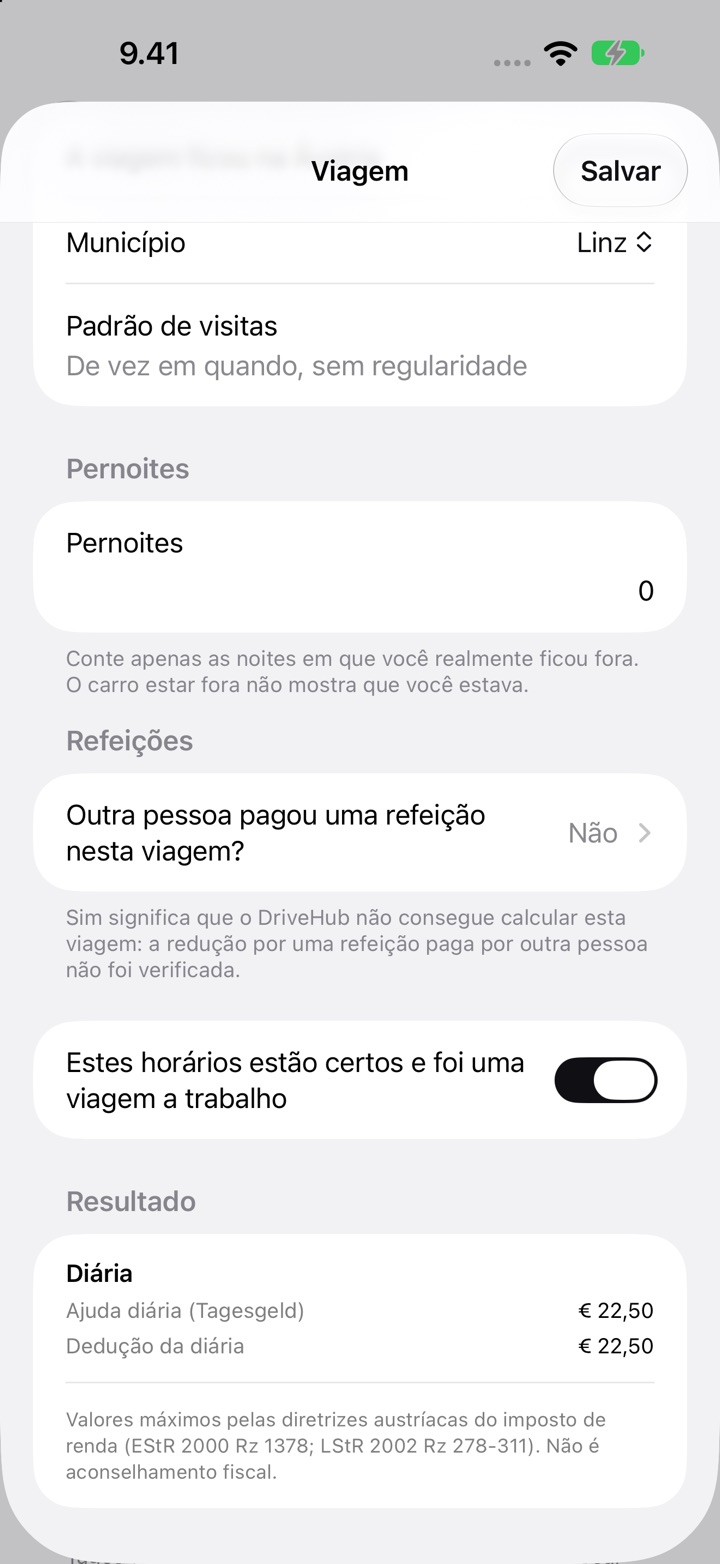 A tela Viagem para a Áustria: município Linz, padrão de visitas, pernoites, a pergunta sobre refeições e o Resultado com uma ajuda diária (Tagesgeld) de 22,50 €