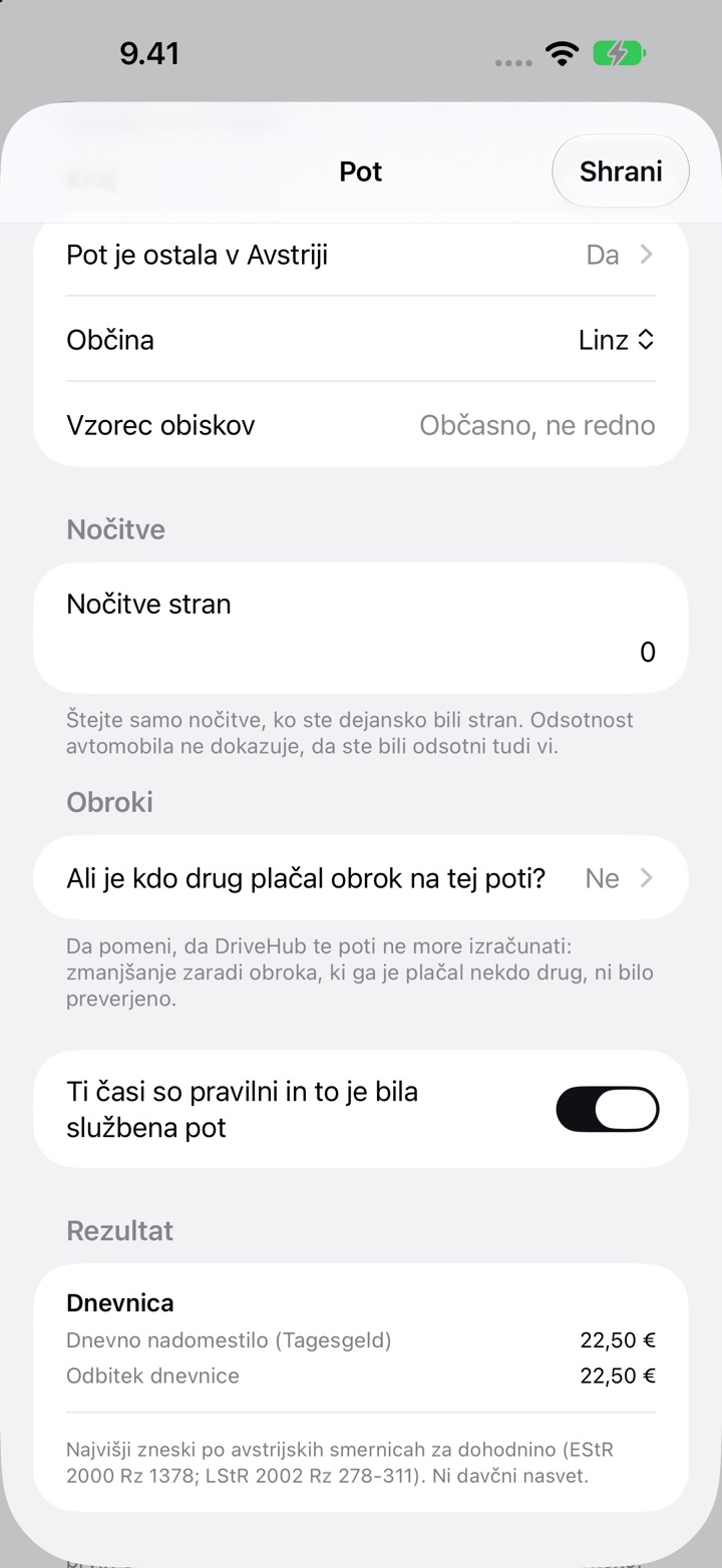 Zaslon Pot za Avstrijo: občina Linz, vzorec obiskov, nočitve, vprašanje o obrokih in Rezultat z dnevnim nadomestilom (Tagesgeld) 22,50 €