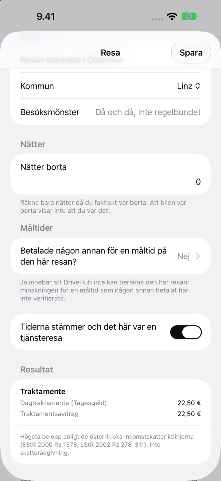 Skärmen Resa för Österrike: kommunen Linz, besöksmönster, nätter borta, frågan om måltider och Resultat med ett dagtraktamente (Tagesgeld) på 22,50 €