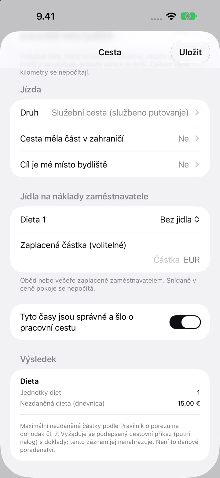 Obrazovka Cesta pro Chorvatsko: Druh nastavený na Služební cesta (službeno putovanje), Jídla na náklady zaměstnavatele a Výsledek s 1 dietou a nezdaněnou dietou (dnevnica) 15,00 €