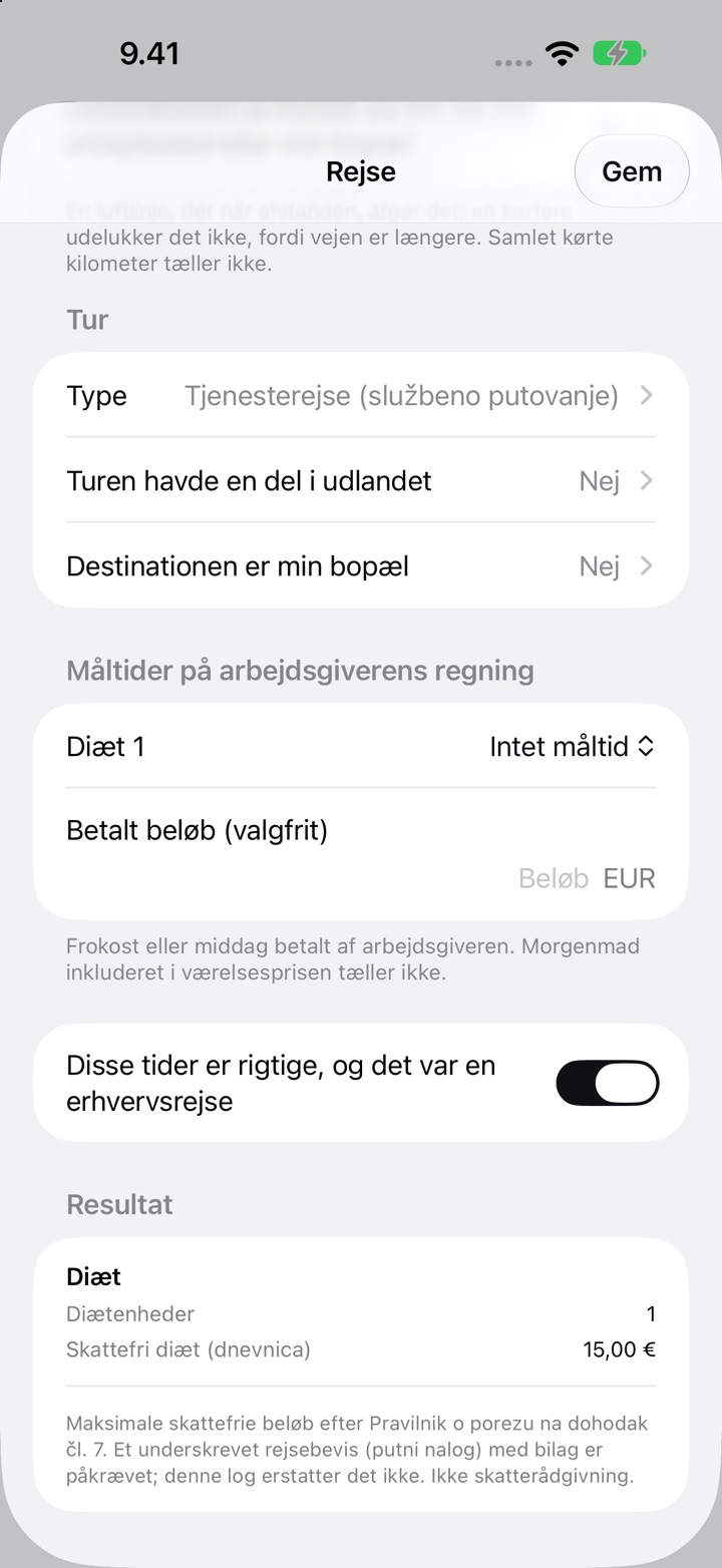 Skærmen Rejse for Kroatien: Type sat til Tjenesterejse (službeno putovanje), Måltider på arbejdsgiverens regning og Resultat med 1 diæt og en skattefri diæt (dnevnica) på 15,00 €