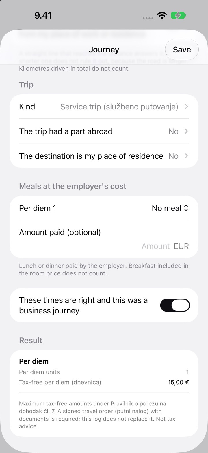 The Journey screen for Croatia: Kind set to Service trip (službeno putovanje), Meals at the employer's cost, and the Result with 1 per diem unit and a tax-free per diem (dnevnica) of €15.00