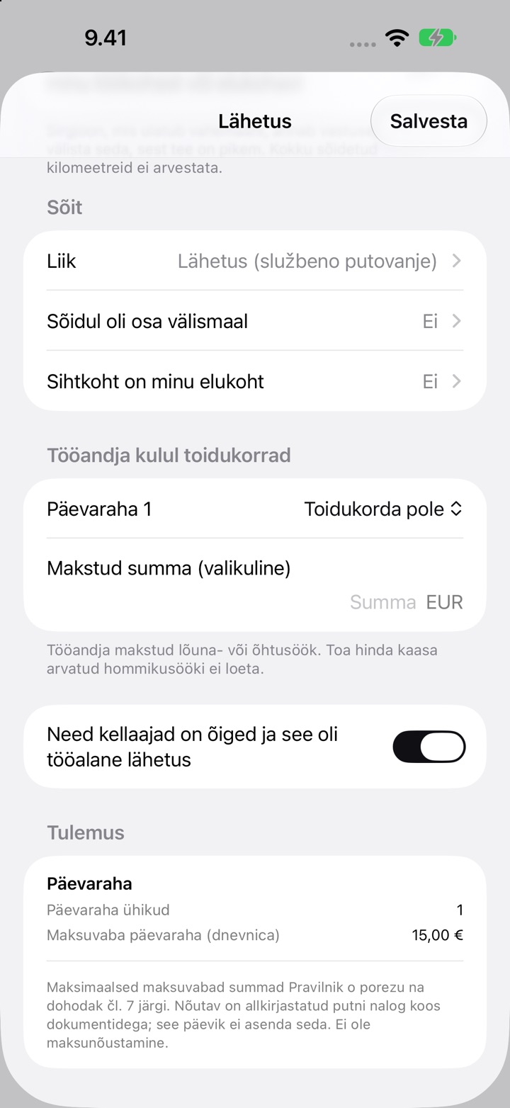 Horvaatia lähetuse ekraan: Liik on Lähetus (službeno putovanje), Tööandja kulul toidukorrad ja Tulemus 1 päevaraha ja maksuvaba päevarahaga (dnevnica) 15,00 €