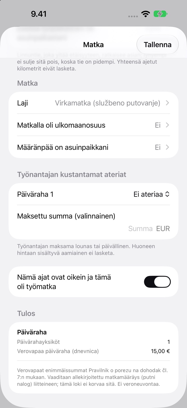 Kroatian Matka-näkymä: Laji on Virkamatka (službeno putovanje), Työnantajan kustantamat ateriat ja Tulos, jossa 1 päiväraha ja verovapaa päiväraha (dnevnica) 15,00 €