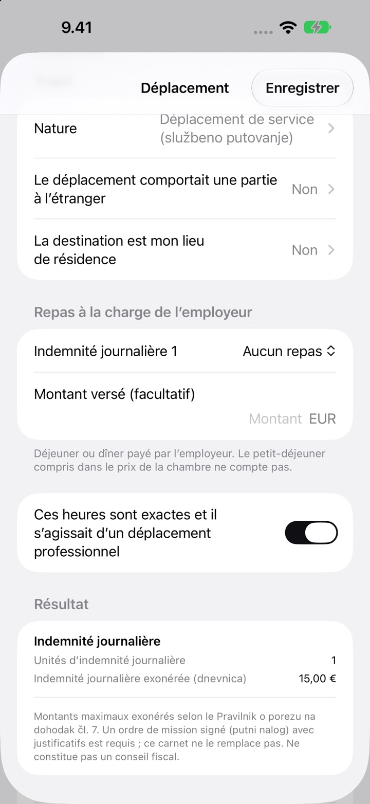 L’écran Déplacement pour la Croatie : Nature réglée sur Déplacement de service (službeno putovanje), Repas à la charge de l’employeur et le Résultat avec 1 indemnité et une indemnité journalière exonérée (dnevnica) de 15,00 €