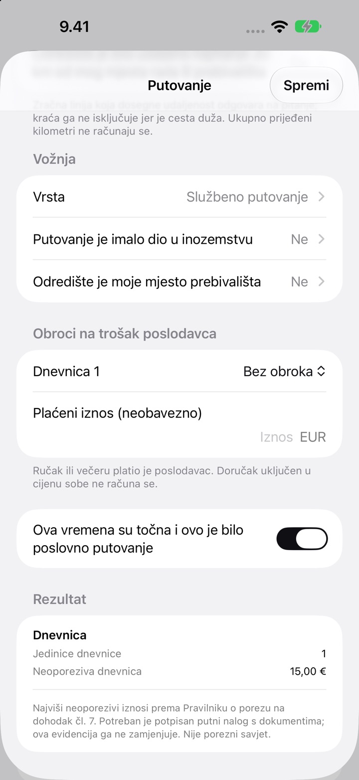 Zaslon Putovanje za Hrvatsku: Vrsta postavljena na Službeno putovanje, Obroci na trošak poslodavca i Rezultat s 1 dnevnicom i neoporezivom dnevnicom od 15,00 €