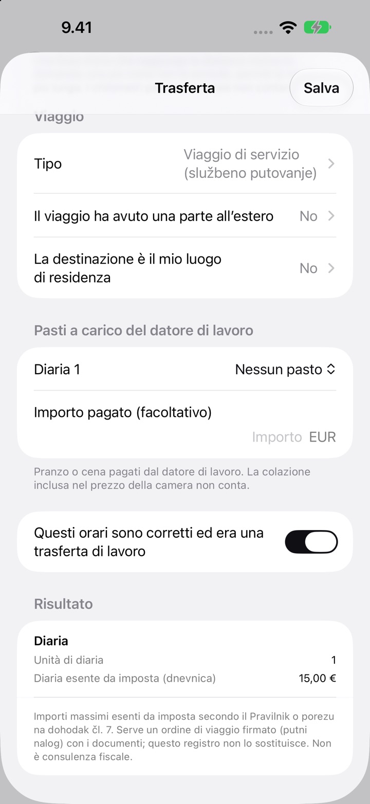 La schermata Trasferta per la Croazia: Tipo impostato su Viaggio di servizio (službeno putovanje), Pasti a carico del datore di lavoro e il Risultato con 1 diaria e una diaria esente da imposta (dnevnica) di 15,00 €